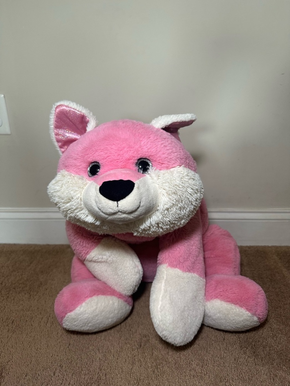 Justice Jumbo Pink Fox Plush Laying Down Huge Large Body Pillow 34" Glitter Eyes